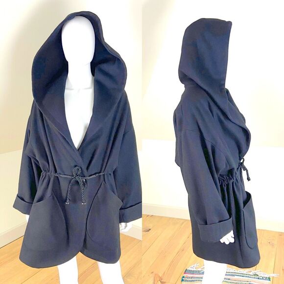 Lorovi Jackets & Blazers - Vintage 80s 90s Lorovi Black Wool Blend Hooded Winter Coat Drawstring Hood L/XL